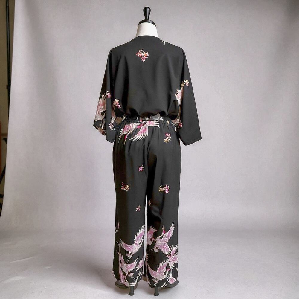 Luxe Blush and Black Blossom and Crane Print Kimono Style Junpsuit - Picture 3 of 4